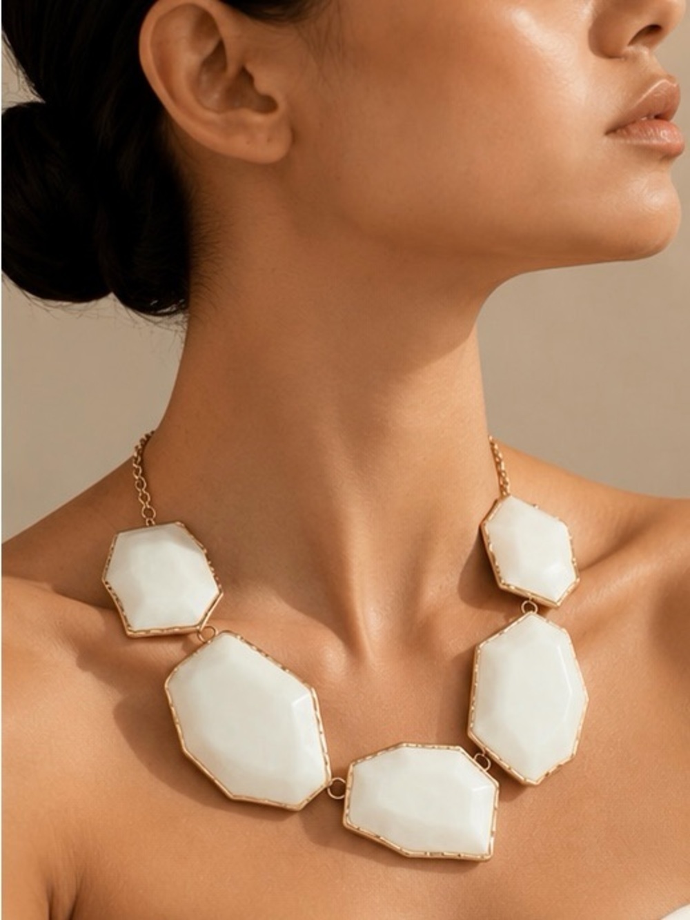 White Faceted Stone Gold-Trim Necklace